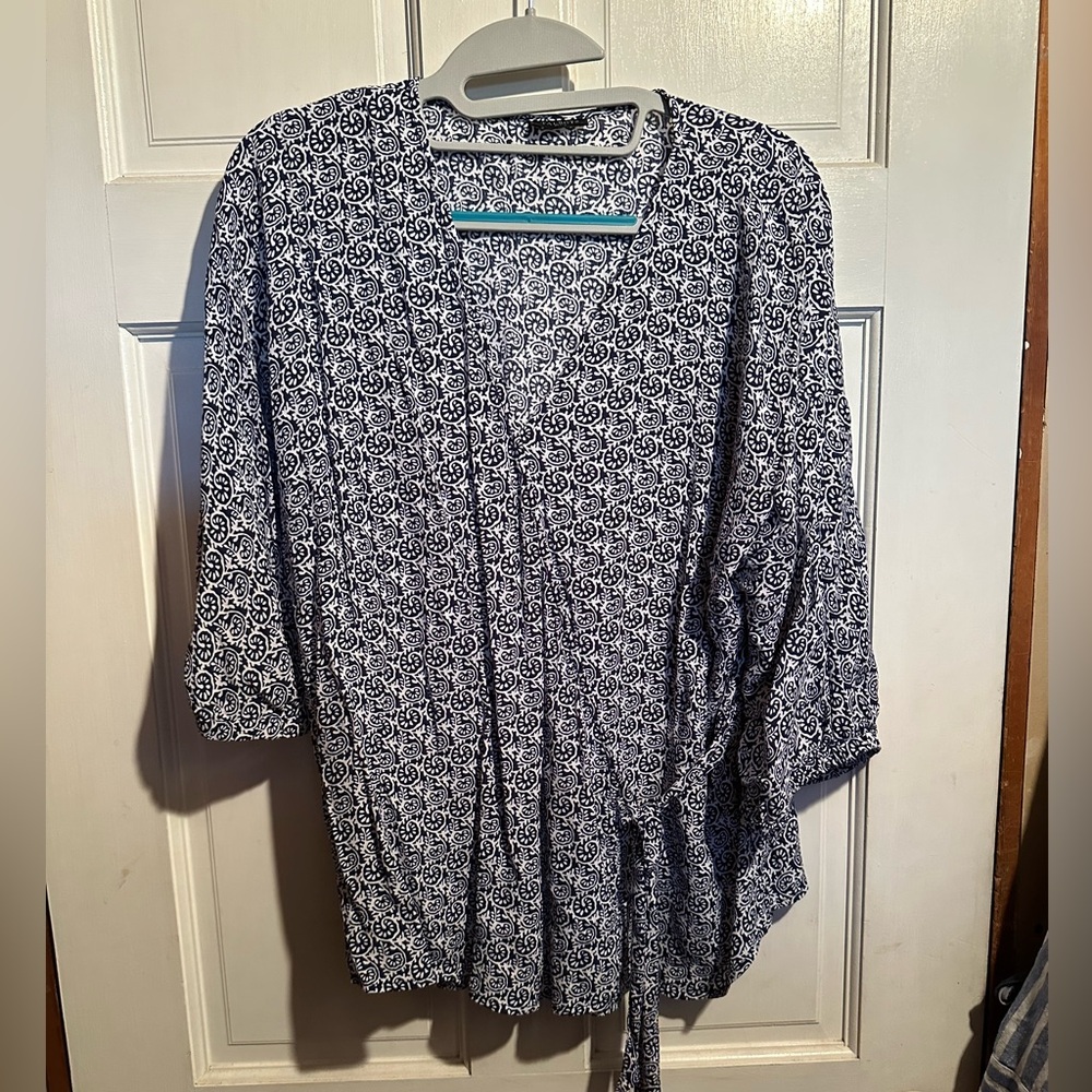 Talbots Navy and White Printed Wrap Top